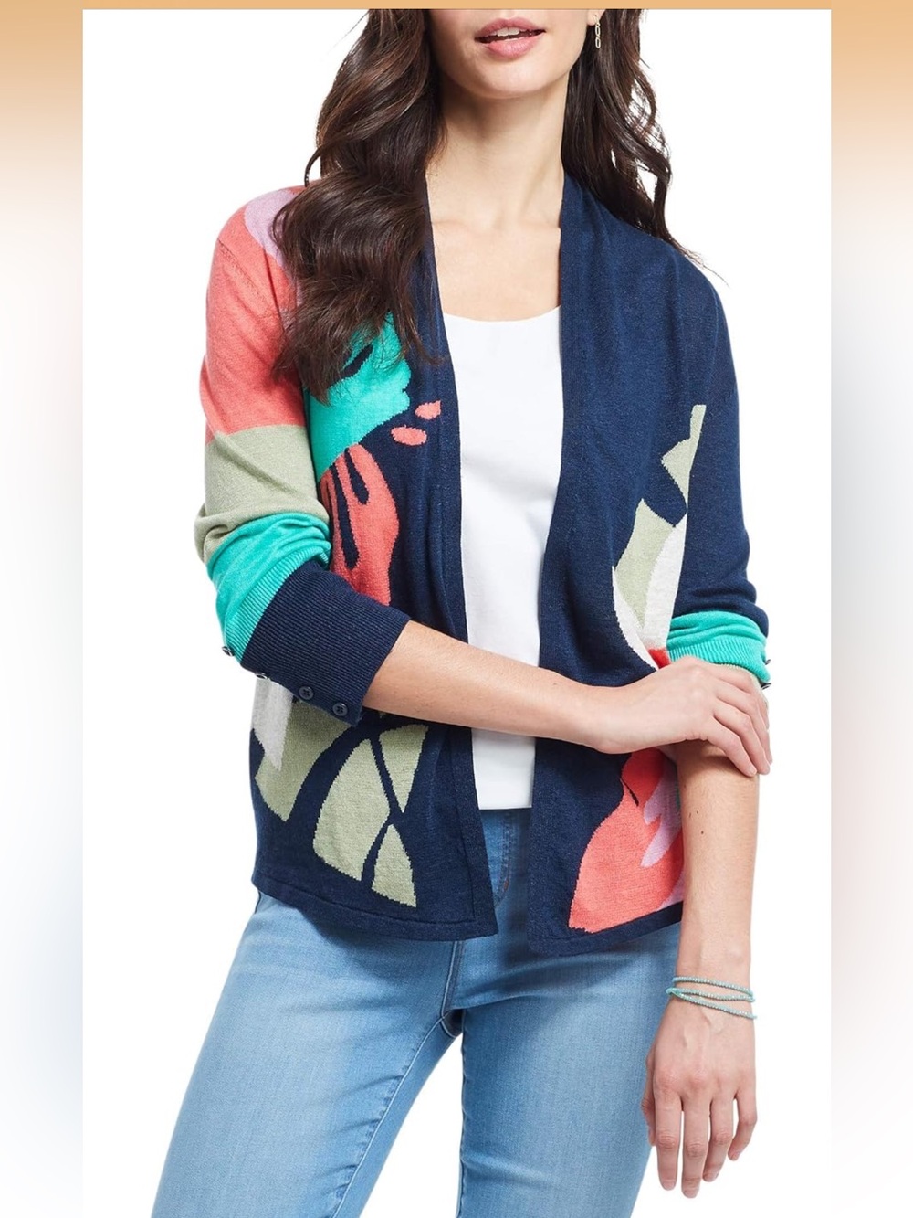 NIC+ZOE Linen Blend Floral Open Front Knit Boho Cardigan